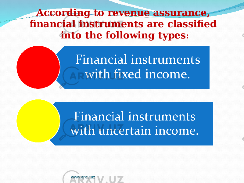 According to revenue assurance, financial instruments are classified into the following types : www.arxiv.uz 