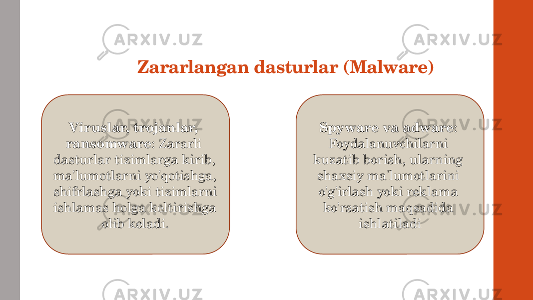 Zararlangan dasturlar (Malware) Viruslar, trojanlar, ransomware : Zararli dasturlar tizimlarga kirib, ma&#39;lumotlarni yo&#39;qotishga, shifrlashga yoki tizimlarni ishlamas holga keltirishga olib keladi. Spyware va adware : Foydalanuvchilarni kuzatib borish, ularning shaxsiy ma&#39;lumotlarini o&#39;g&#39;irlash yoki reklama ko&#39;rsatish maqsadida ishlatiladi 