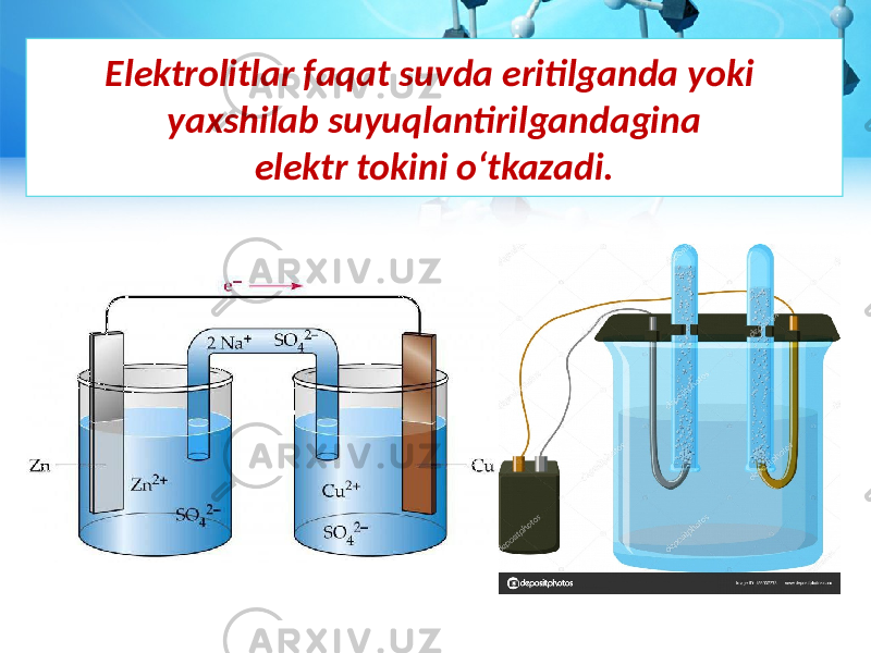Elektrolitlar faqat suvda eritilganda yoki yaxshilab suyuqlantirilgandagina elektr tokini o‘tkazadi. 