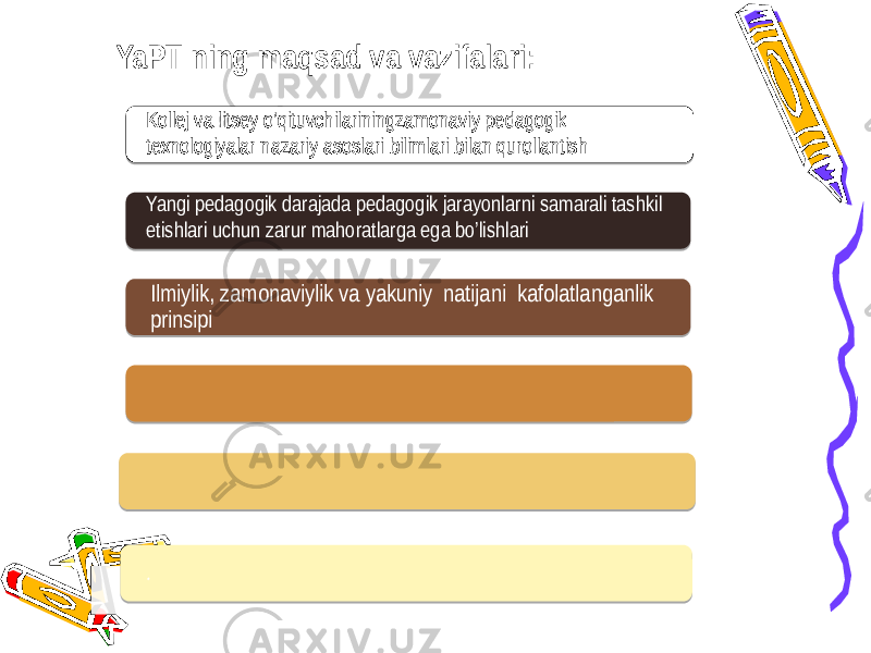 Ilmiylik, zamonaviylik va yakuniy natijani kafolatlanganlik prinsipi .YaPT ning maqsad va vazifalari: Kollej va litsey o’qituvchilariningzamonaviy pedagogik texnologiyalar nazariy asoslari bilimlari bilan qurollantish Yangi pedagogik darajada pedagogik jarayonlarni samarali tashkil etishlari uchun zarur mahoratlarga ega bo’lishlari 29 0B 01 