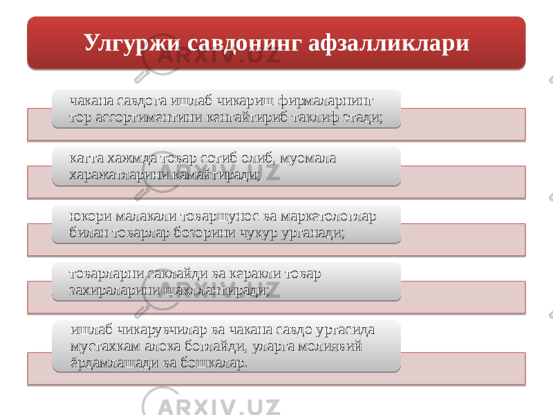 чакана савдога ишлаб чикариш фирмаларнинг тор ассортиментини кенгайтириб таклиф этади; катта хажмда товар сотиб олиб, муомала харажатларини камайтиради; юкори малакали товаршунос ва маркетологлар билан товарлар бозорини чукур урганади; товарларни саклайди ва керакли товар захираларини шакллантиради; ишлаб чикарувчилар ва чакана савдо уртасида мустахкам алока боглайди, уларга молиявий ёрдамлашади ва бошкалар. Улгуржи савдонинг афзалликлари 26 0B 0C 10 29 20 0B 1405 090D 0E 24 27 