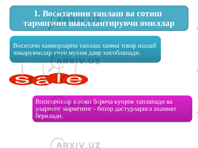 Воситачи хамкорларни танлаш хамма товар ишлаб чикарувчилар учун мухим давр хисобланади. 1. Воситачини танлаш ва сотиш тармогини шакллантирувчи омиллар Воситачилар иложи борича купрок танланади ва уларнинг маркетинг - бозор дастурларига ахамият берилади.3803 26 
