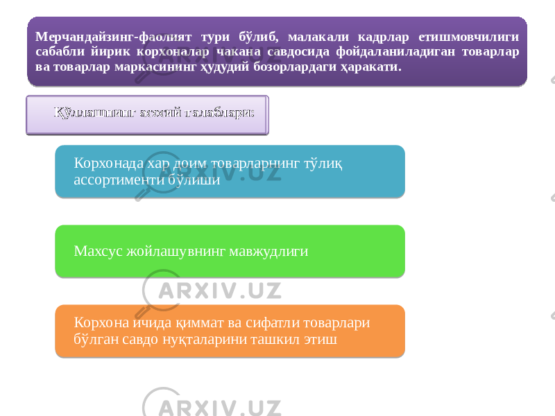 Корхонада хар доим товарларнинг тўлиқ ассортименти бўлиши Махсус жойлашувнинг мавжудлиги Корхона ичида қиммат ва сифатли товарлари бўлган савдо нуқталарини ташкил этишМерчандайзинг-фаолият тури бўлиб, малакали кадрлар етишмовчилиги сабабли йирик корхоналар чакана савдосида фойдаланиладиган товарлар ва товарлар маркасининг ҳудудий бозорлардаги ҳаракати. Қўллашнинг асосий талаблари: 46 05 1D 46 20 1D 07 0D 