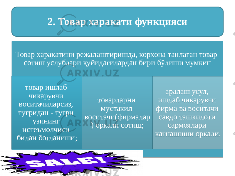 Товар харакатини режалаштиришда, корхона танлаган товар сотиш услублари қуйидагилардан бири бўлиши мумкин товар ишлаб чикарувчи воситачиларсиз, тугридан - тугри узининг истеъмолчиси билан богланиши; товарларни мустакил воситачи(фирмалар ) оркали сотиш; аралаш усул, ишлаб чикарувчи фирма ва воситачи савдо ташкилоти сармоялари катнашиши оркали.2. Товар харакати функцияси02 12 0B 26 04 0B 111409 09 2009 0B 0E 04 31 05 09 16 12 12 0C 