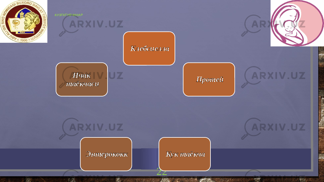 КУЗГАТУВЧИЛАР 22Клебсиелла Протей Кук таёкча Энтерококк Ичак таёкчаси 