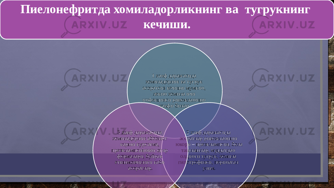 1 хавф даражасида хомиладорлик ва тугрук асоратсиз кечиши мумкин, лекин хомила ичи инфекцияси ривожланиши хавфи билан. 2 хавф даражасида асоратлар ривожланиши юкори – преэклампсия, бола ташлашлар, муддатдан олдинги тугрук, хомила гипотрофияси, перинатал улим.3 хавф даражасида хомиладорлик абсолют карши курсатма, преэклампсиянинг огир формалари, буйрак етишмовчилиги каби асоратлар.Пиелонефритда хомиладорликнинг ва тугрукнинг кечиши. 