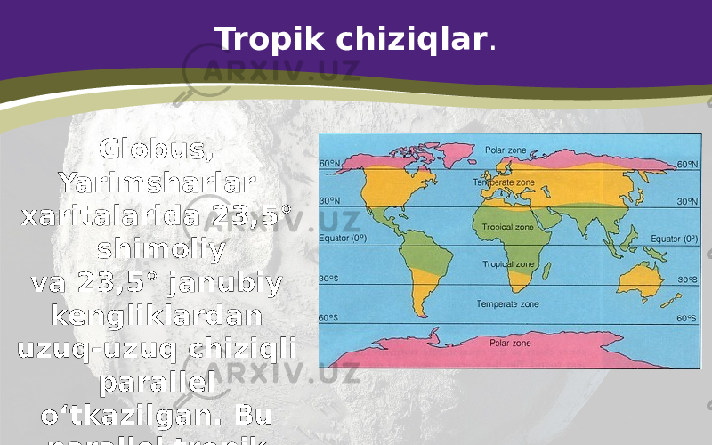 Tropik chiziqlar . Globus, Yarimsharlar xaritalarida 23,5° shimoliy va 23,5° janubiy kengliklardan uzuq-uzuq chiziqli parallel o‘tkazilgan. Bu parallel tropik chiziqlardir. 