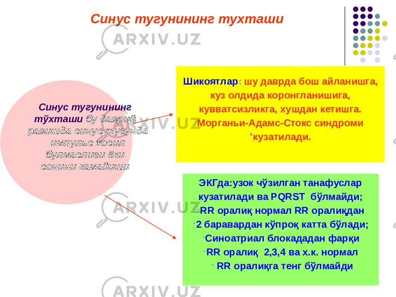 Синус тугунининг тухташи Синус тугунининг тўхташи бу даврий равишда синус тугунда импульс хосил булмаслиги ёки сонини камайиши Шикоятлар : шу даврда бош айланишга, куз олдида коронгланишига, кувватсизликга, хушдан кетишга. Морганьи-Адамс-Стокс синдроми • кузатилади. ЭКГда:узок чўзилган танафуслар кузатилади ва PQRST бўлмайди; - RR оралиқ нормал RR оралиқдан - 2 баравардан кўпроқ катта бўлади; - Синоатриал блокададан фарқи - RR оралиқ 2,3,4 ва х.к. нормал - RR оралиқга тенг бўлмайди 