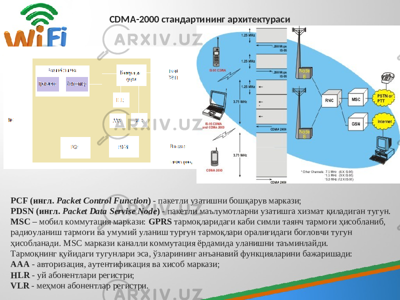 CDMA-2000 стандартининг архитектураси PCF (ингл. Packet Control Function ) - пакетли узатишни бош қ арув маркази; PDSN (ингл. Packet Data Servise Node ) - пакетли маълумотларни узатишга хизмат қ иладиган тугун. MSC – мобил коммутация маркази: GPRS тармо қ ларидаги каби симли таянч тармо ғ и ҳисобланиб, радио уланиш тармо ғ и ва умумий уланиш турғун тармо қлари орали ғ идаги бо ғ ловчи тугун ҳ исобланади. MSC маркази канал л и коммутация ёрдамида уланишни таъминлайди. Тармо қ нинг қуйидаги тугунлари эса , ў з лар ининг анъанавий функцияларини бажар иш ади: AAA - авторизация , аутен ти фикация ва хисоб м аркази ; HLR - уй абонентлари регистри; VLR - ме ҳ мон абонентлар регистри. 