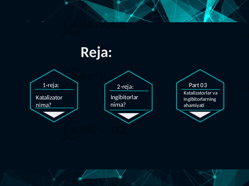 Reja: 1-reja: 2-reja: Part 03 Katalizator nima? Ingibitorlar nima? Katalizatorlar va ingibitorlarning ahamiyati 