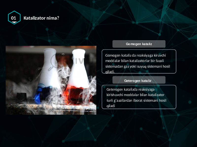 01 Katalizator nima? Gomogen kataliz da reaksiyaga kiruvchi moddalar bilan katalizatorlar bir fazali sistemadan gaz yoki suyuq sistemani hosil qiladi. Geterogen katalizda reaksiyaga kirishuvchi moddalar bilan katalizator turli gʻazallardan iborat sistemani hosil qiladi Gomogen kataliz Geterogen kataliz 