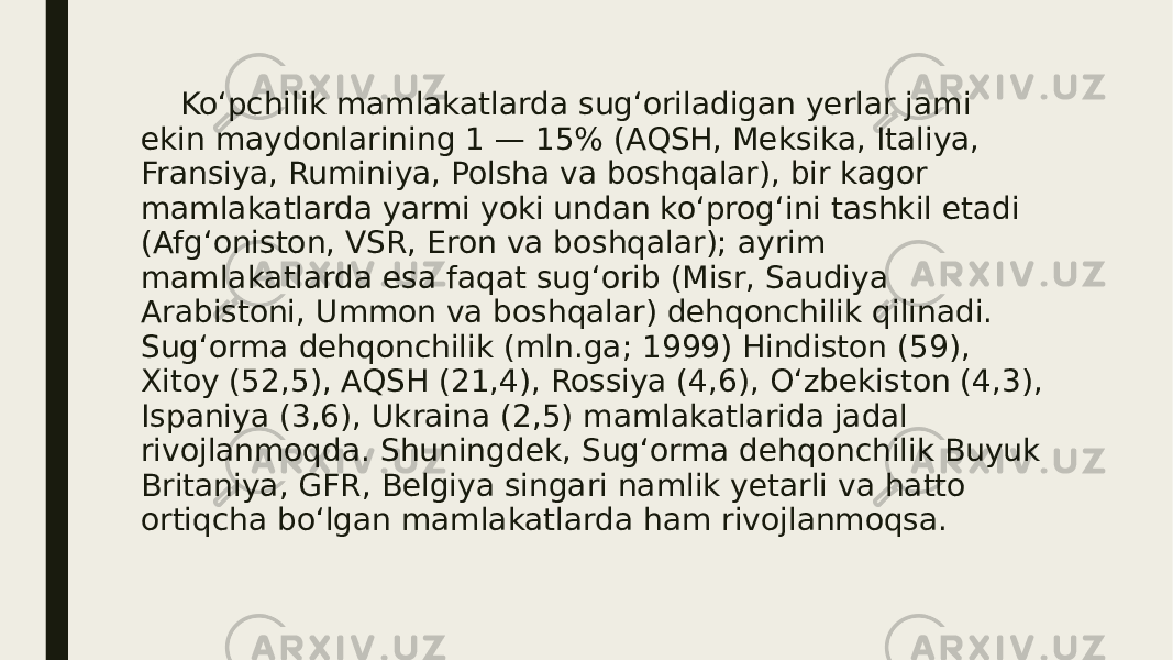  Koʻpchilik mamlakatlarda sugʻoriladigan yerlar jami ekin maydonlarining 1 — 15% (AQSH, Meksika, Italiya, Fransiya, Ruminiya, Polsha va boshqalar), bir kagor mamlakatlarda yarmi yoki undan koʻprogʻini tashkil etadi (Afgʻoniston, VSR, Eron va boshqalar); ayrim mamlakatlarda esa faqat sugʻorib (Misr, Saudiya Arabistoni, Ummon va boshqalar) dehqonchilik qilinadi. Sugʻorma dehqonchilik (mln.ga; 1999) Hindiston (59), Xitoy (52,5), AQSH (21,4), Rossiya (4,6), Oʻzbekiston (4,3), Ispaniya (3,6), Ukraina (2,5) mamlakatlarida jadal rivojlanmoqda. Shuningdek, Sugʻorma dehqonchilik Buyuk Britaniya, GFR, Belgiya singari namlik yetarli va hatto ortiqcha boʻlgan mamlakatlarda ham rivojlanmoqsa. 