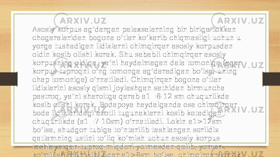 Asosiy korpus ag’dargan palaxsalarning bir-biriga tekkan chegaralaridan begona o‘tlar ko‘karib chiqmasligi uchun u yerga tushadigan ildizlarni chimqirqar asosiy korpusdan oldin kesib olishi kerak. Shu sababli chimqirqar asosiy korpusning oldiga, ya’ni haydalmagan dala tomoniga (agar korpus tuproqni o‘ng tomonga ag’daradigan bo‘lsa, uning chap tomoniga) o‘rnatiladi. Chimqirqar begona o‘tlar ildizlarini asosiy qismi joylashgan sathidan birmuncha pastroq, ya’ni sharoitga qarab a1=8-12 sm chuqurlikda kesib olishi kerak. Bedapoya haydalganda esa chimqirqar beda ildizlaridagi azotli tugunaklarni kesib ketadigan chuqurlikda (a1=7-10sm) o‘rnatiladi. Lekin a1>12sm bo‘lsa, shudgor tubiga to‘ntarilib tashlangan serildiz qatlamning ustini to‘liq ko‘mish uchun asosiy korpus tashlayotgan tuproq miqdori yetmasdan qolib, yomon ko‘milishi mumkin. Agar a1>8sm bo‘lsa, chimqirqar lemexi eng serildiz sathida harakatlanib, ildizlarni to‘liq kesib ololmasdan, tuproqni uyumlab surib yuradi, plugning sudrashga qarshiligi ortib ketadi 