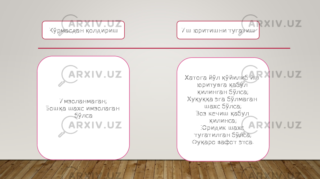 Кўрмасдан қолдириш Иш юритишни тугатиш Имзоланмаган; Бошқа шахс имзолаган бўлса Хатога йўл қўйилиб иш юритувга қабул қилинган бўлса; Ҳуқуққа эга бўлмаган шахс бўлса; Воз кечиш қабул қилинса; Юридик шахс тугатилган бўлса; Фуқаро вафот этса. 