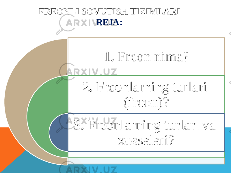 FREONLI SOVUTISH TIZIMLARI REJA: 1. Freon nima? 2. Freonlarning turlari (freon)? 3. Freonlarning turlari va xossalari? 