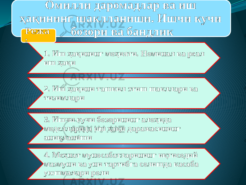 Омилли даромадлар ва иш ҳақининг шаклланиши. Ишчи кучи бозори ва бандлик 1. Иш ҳақининг моҳияти. Номинал ва реал иш ҳақи 2. Иш ҳақини ташкил этиш шакллари ва тизимлари 3. Ишчи кучи бозорининг алоҳида моделларида иш ҳақи даражасининг аниқланиши 4. Меҳнат муносабатларининг иқтисодий мазмуни ва уни тартибга солишда касаба уюшмалари ролиРежа : 