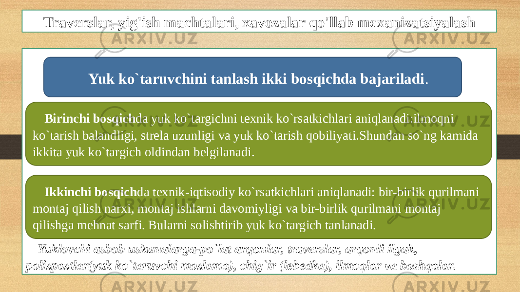 Traverslar, yig&#39;ish machtalari, xavozalar qo&#39;llab mexanizatsiyalash Yuklovchi asbob uskunalarga-po`lat arqonlar, traverslar, arqonli ilgak, polispastlar(yuk ko`taruvchi moslama), chig`ir (lebedka), ilmoqlar va boshqalar. Yuk ko`taruvchini tanlash ikki bosqichda bajariladi . Birinchi bosqich da yuk ko`targichni texnik ko`rsatkichlari aniqlanadi:ilmoqni ko`tarish balandligi, strela uzunligi va yuk ko`tarish qobiliyati.Shundan so`ng kamida ikkita yuk ko`targich oldindan belgilanadi. Ikkinchi bosqich da texnik-iqtisodiy ko`rsatkichlari aniqlanadi: bir-birlik qurilmani montaj qilish narxi, montaj ishlarni davomiyligi va bir-birlik qurilmani montaj qilishga mehnat sarfi. Bularni solishtirib yuk ko`targich tanlanadi. 