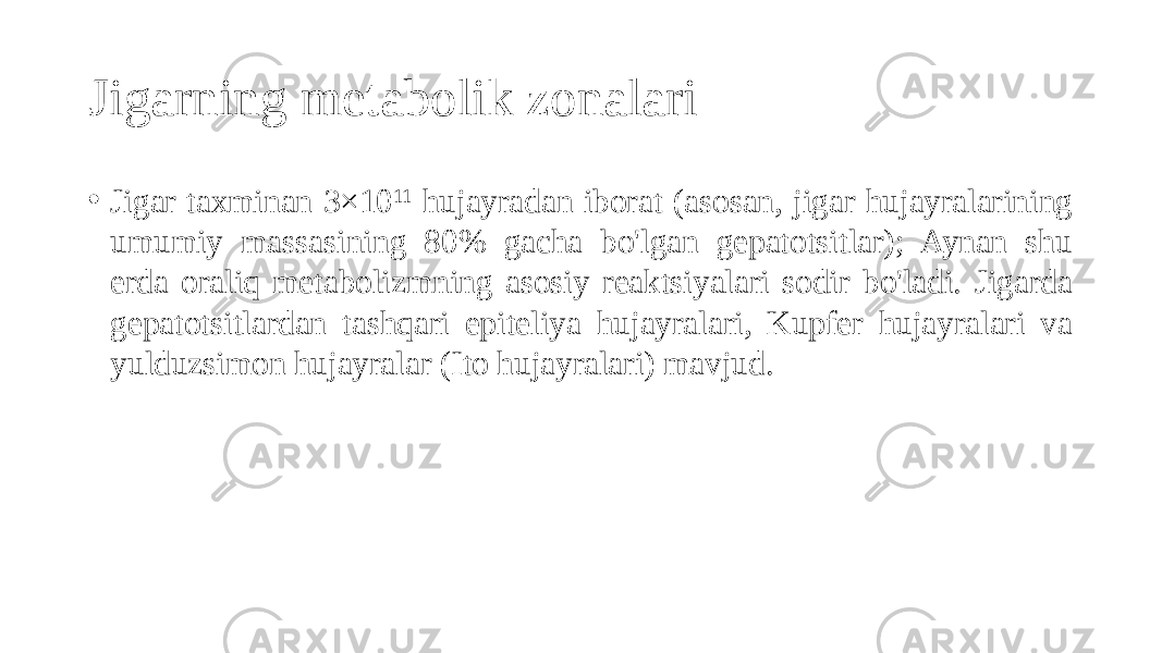 Jigarning metabolik zonalari • Jigar taxminan 3×10 11 hujayradan iborat (asosan, jigar hujayralarining umumiy massasining 80% gacha bo&#39;lgan gepatotsitlar); Aynan shu erda oraliq metabolizmning asosiy reaktsiyalari sodir bo&#39;ladi. Jigarda gepatotsitlardan tashqari epiteliya hujayralari, Kupfer hujayralari va yulduzsimon hujayralar (Ito hujayralari) mavjud. 