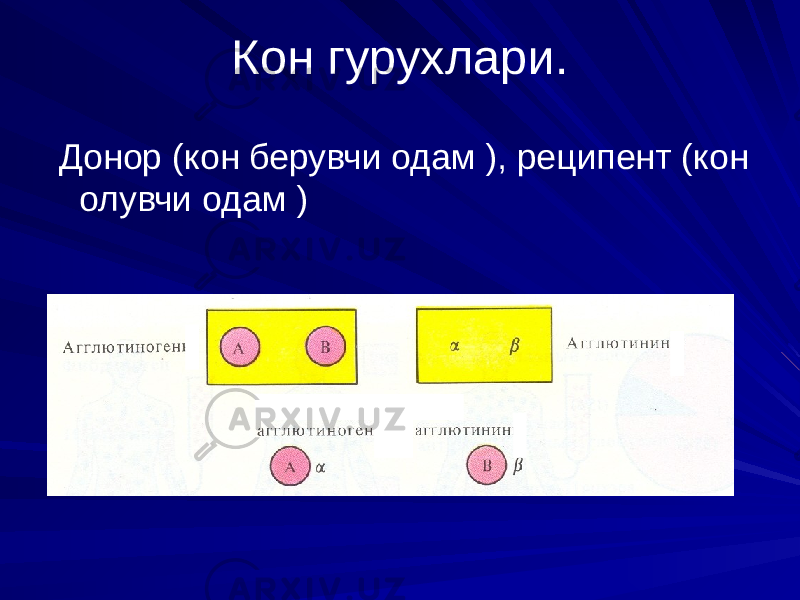 Кон гурухлари. Донор (кон берувчи одам ), реципент (кон олувчи одам ) 