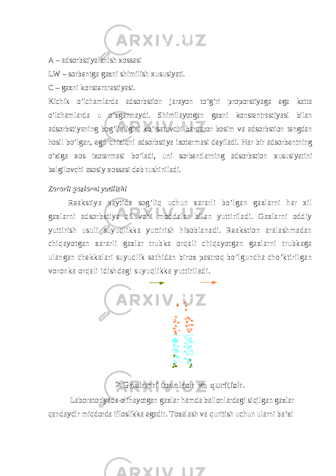 A – adsorbstiyalanish xossasi LW – sorbentga gazni shimilish xususiyati. C – gazni konstentrastiyasi. Kichik o’lchamlarda adsorbstion jarayon to’g’ri proporstiyaga ega katta o’lchamlarda u o’zgarmaydi. Shimilayotgan gazni konstentrastiyasi bilan adsorbstiyaning bog’liqligini ko’rsatuvchi barqaror bosim va adsorbstion tengdan hosil bo’lgan, egri chiziqni adsorbstiya izotermasi deyiladi. Har bir adsorbentning o’ziga xos izotermasi bo’ladi, uni sorbentlarning adsorbstion xususiyatini belgilovchi asosiy xossasi deb tushiniladi. Zararli gazlarni yutilishi Reakstiya paytida sog’liq uchun zararli bo’lgan gazlarni har xil gazlarni adsorbstiya qiluvchi moddalar bilan yuttiriladi. Gazlarni oddiy yuttirish usuli suyuqlikka yuttirish hisoblanadi. Reakstion aralashmadan chiqayotgan zararli gazlar trubka orqali chiqayotgan gazlarni trubkaga ulangan chekkalari suyuqlik sathidan biroz pastroq bo’lguncha cho’ktirilgan voronka orqali idishdagi suyuqlikka yuttiriladi. 2.Gazlarni tozalash va quritish. Laboratoriyada olinayotgan gazlar hamda ballonlardagi siqilgan gazlar qandaydir miqdorda ifloslikka egadir. Tozalash va quritish uchun ularni ba’zi 