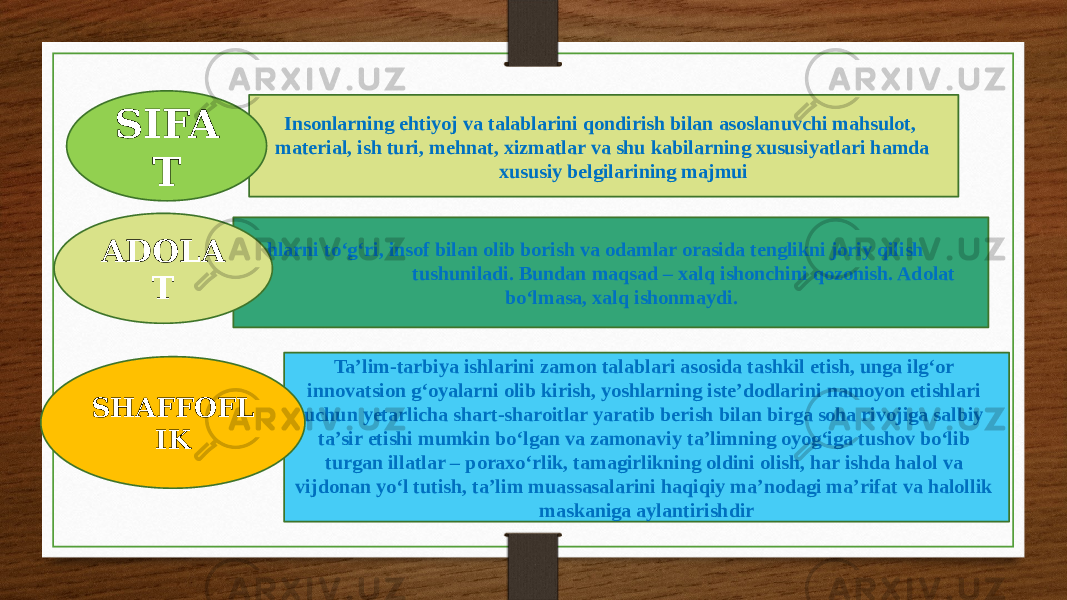  Insonlarning ehtiyoj va talablarini qondirish bilan asoslanuvchi mahsulot, material, ish turi, mehnat, xizmatlar va shu kabilarning xususiyatlari hamda xususiy belgilarining majmui Ta’lim-tarbiya ishlarini zamon talablari asosida tashkil etish, unga ilg‘or innovatsion g‘oyalarni olib kirish, yoshlarning iste’dodlarini namoyon etishlari uchun yetarlicha shart-sharoitlar yaratib berish bilan birga soha rivojiga salbiy ta’sir etishi mumkin bo‘lgan va zamonaviy ta’limning oyog‘iga tushov bo‘lib turgan illatlar – poraxo‘rlik, tamagirlikning oldini olish, har ishda halol va vijdonan yo‘l tutish, ta’lim muassasalarini haqiqiy ma’nodagi ma’rifat va halollik maskaniga aylantirishdir Ishlarni to‘g‘ri, insof bilan olib borish va odamlar orasida tenglikni joriy qilish tushuniladi. Bundan maqsad – xalq ishonchini qozonish. Adolat bo‘lmasa, xalq ishonmaydi.SIFA T SHAFFOFL IKADOLA T 