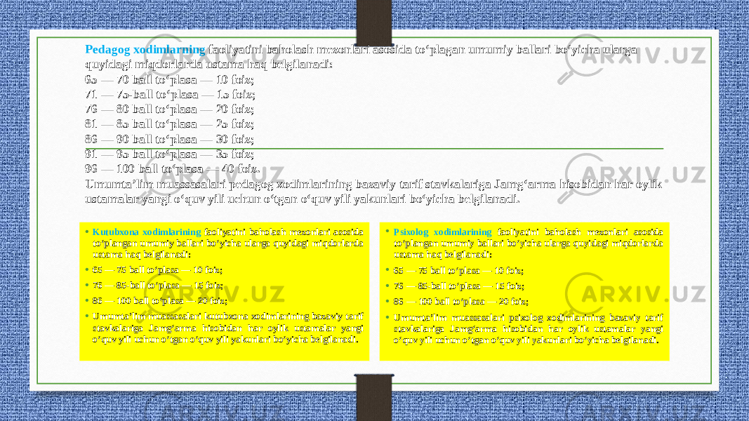 Pedagog xodimlarning faoliyatini baholash mezonlari asosida to‘plagan umumiy ballari bo‘yicha ularga quyidagi miqdorlarda ustama haq belgilanadi: 65 — 70 ball to‘plasa — 10 foiz; 71 — 75-ball to‘plasa — 15 foiz; 76 — 80 ball to‘plasa — 20 foiz; 81 — 85 ball to‘plasa — 25 foiz; 86 — 90 ball to‘plasa — 30 foiz; 91 — 95 ball to‘plasa — 35 foiz; 96 — 100 ball to‘plasa — 40 foiz. Umumta’lim muassasalari pedagog xodimlarining bazaviy tarif stavkalariga Jamg‘arma hisobidan har oylik ustamalar yangi o‘quv yili uchun o‘tgan o‘quv yili yakunlari bo‘yicha belgilanadi. • Kutubxona xodimlarining faoliyatini baholash mezonlari asosida to‘plangan umumiy ballari bo‘yicha ularga quyidagi miqdorlarda ustama haq belgilanadi: • 65 — 75 ball to‘plasa — 10 foiz; • 76 — 85-ball to‘plasa — 15 foiz; • 86 — 100 ball to‘plasa — 20 foiz; • Umumta’lim muassasalari kutubxona xodimlarining bazaviy tarif stavkalariga Jamg‘arma hisobidan har oylik ustamalar yangi o‘quv yili uchun o‘tgan o‘quv yili yakunlari bo‘yicha belgilanadi. • Psixolog xodimlarining faoliyatini baholash mezonlari asosida to‘plangan umumiy ballari bo‘yicha ularga quyidagi miqdorlarda ustama haq belgilanadi: • 65 — 75 ball to‘plasa — 10 foiz; • 76 — 85-ball to‘plasa — 15 foiz; • 86 — 100 ball to‘plasa — 20 foiz; • Umumta’lim muassasalari psixolog xodimlarining bazaviy tarif stavkalariga Jamg‘arma hisobidan har oylik ustamalar yangi o‘quv yili uchun o‘tgan o‘quv yili yakunlari bo‘yicha belgilanadi. 