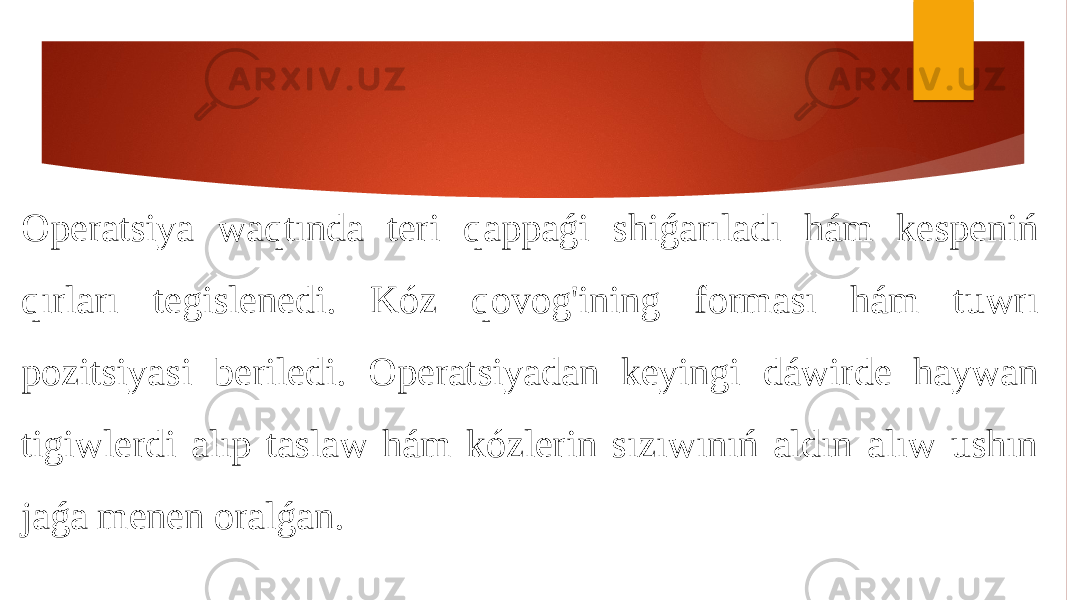 Operatsiya waqtında teri qappaǵi shiǵarıladı hám kespeniń qırları tegislenedi. Kóz qovog&#39;ining forması hám tuwrı pozitsiyasi beriledi. Operatsiyadan keyingi dáwirde haywan tigiwlerdi alıp taslaw hám kózlerin sızıwınıń aldın alıw ushın jaǵa menen oralǵan. 