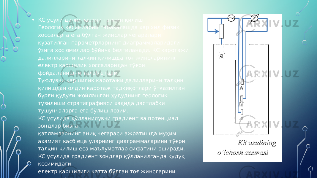 • КС усули далилларини талқин қилиш Геологик кесимларни табақалашда ҳар хил физик хоссаларга ега бўлган жинслар чегаралари кузатилган параметрларнинг диаграммаларидаги ўзига хос омиллар бўйича белгиланади. КС каротажи далилларини талқин қилишда тоғ жинсларининг електр қаршилик хоссаларидан тўғри фойдаланишни талаб етади. Туюлувчи қаршилик каротажи далилларини талқин қилишдан олдин каротаж тадқиқотлари ўтказилган бурғи қудуғи жойлашган ҳудуднинг геологик тузилиши стратиграфияси ҳақида дастлабки тушунчаларга ега бўлиш лозим. КС усулида қўлланилувчи градиент ва потенциал зондлар бизга қатламларнинг аниқ чегараси ажратишда муҳим аҳамият касб еца уларнинг диаграммаларини тўғри талқин қилиш еса маълумотлар сифатини оширади. КС усулида градиент зондлар қўлланилганда қудуқ кесимидаги електр қаршилиги катта бўлган тоғ жинсларини чегараларини диаграммаларнинг максимуми билан ажратилади. Потенсиал зондларнинг максимумлари еса сферик шаклда бўлиб қатлам марказига симметрик бўлади. 