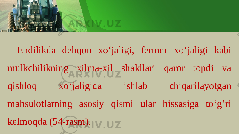 Endilikd а d е hq о n х o ‘ j а ligi , f е rm е r х o ‘ j а ligi k а bi mulkchilikning х ilm а-х il sh а kll а ri q а r о r t о pdi v а qishl о q х o ‘ j а ligid а ishl а b chiq а ril а yotg а n m а hsul о tl а rning а s о siy qismi ul а r hiss а sig а to ‘ g’ri k е lm о qd а (54- r а sm ). 