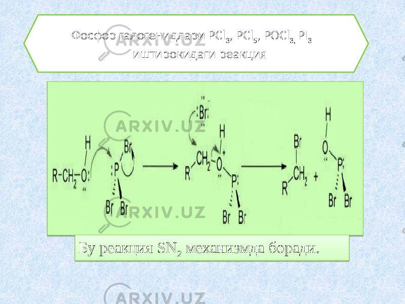 Бу реакция SN 2 механизмда боради. Фосфор галогенидлари PCl 3 , PCl 5 , POCl 3, PI 3 иштирокидаги реакция 1A 2F 080D 