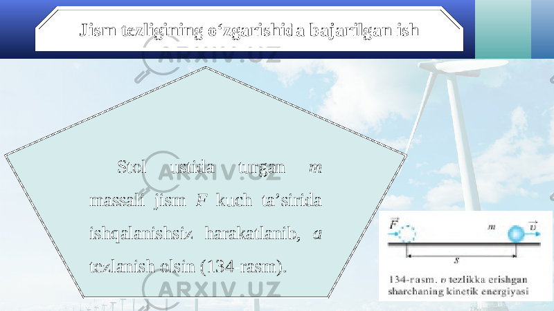 Jism tezligining o‘zgarishida bajarilgan ish Stol ustida turgan m massali jism F kuch ta’sirida ishqalanishsiz harakatlanib, a tezlanish olsin (134-rasm). 