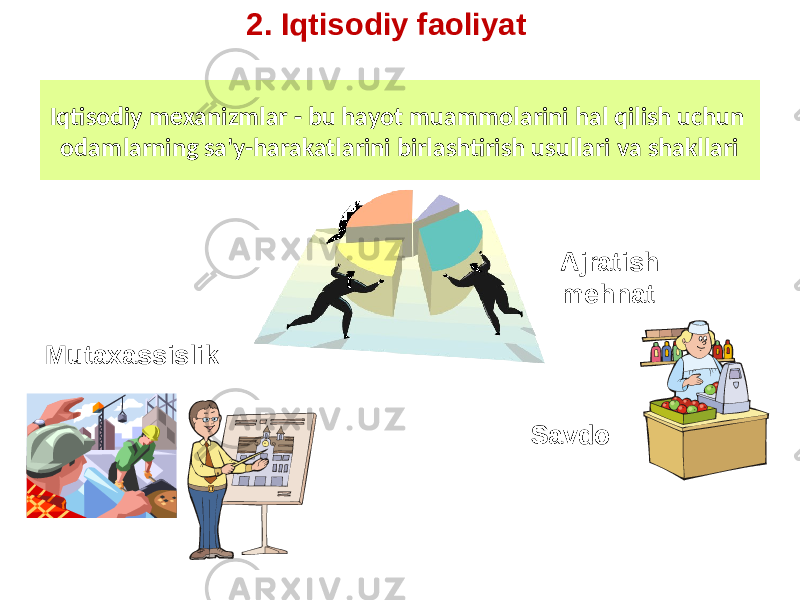 Iqtisodiy mexanizmlar - bu hayot muammolarini hal qilish uchun odamlarning sa&#39;y-harakatlarini birlashtirish usullari va shakllari Ajratish mehnat SavdoMutaxassislik 2. Iqtisodiy faoliyat 