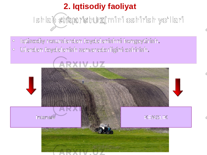 Ishlab chiqarish hajmini oshirish yo&#39;llari • Iqtisodiy resurslardan foydalanishni kengaytirish. • Ulardan foydalanish samaradorligini oshirish. Intensiv KENGLIK2. Iqtisodiy faoliyat 