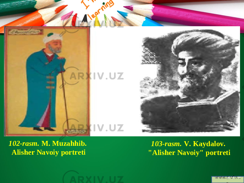www.arxiv.u z102-rasm. M. Muzahhib. Alisher Navoiy portreti 103-rasm. V. Kaydalov. &#34;Alisher Navoiy&#34; portreti 