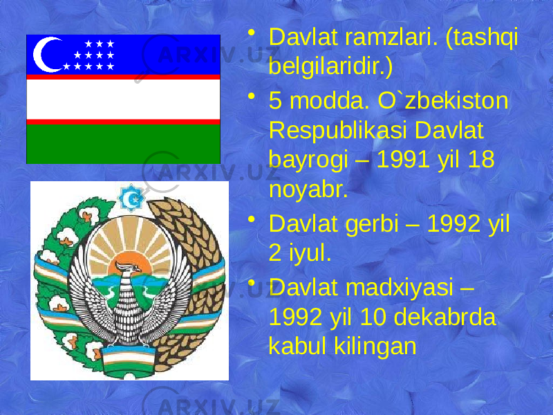 Qonun doirasida uzbek tilida. Давлат рамзлари. Мустакиллик рамзлари. Ozbekiston davlat Gerbi. O'zbekiston Respublikasi ramzlari.