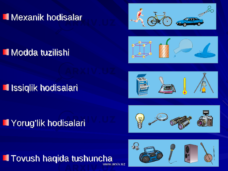 Mexanik hodisalar Mexanik hodisalar Modda tuzilishi Modda tuzilishi Issiqlik hodisalari Issiqlik hodisalari Yorug’lik hodisalari Yorug’lik hodisalari Tovush haqida tushuncha Tovush haqida tushuncha www.arxiv.uzwww.arxiv.uz 