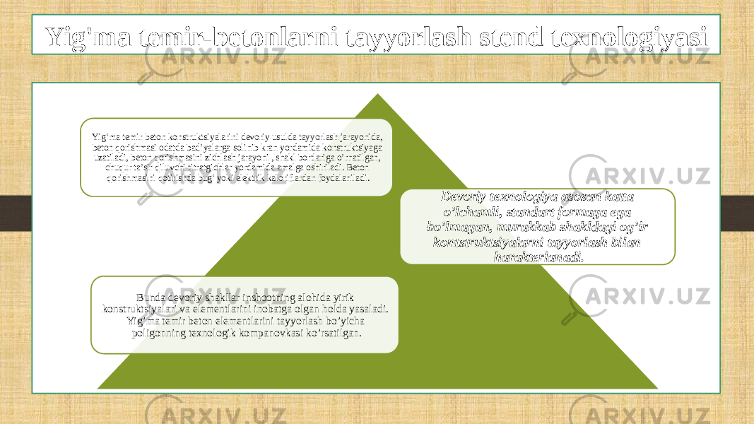 Yig&#39;ma temir-betonlarni tayyorlash stend texnologiyasi Yig’ma temir beton konstruktsiyalarini devoriy usulda tayyorlash jarayonida, beton qorishmasi odatda bad’yalarga solinib kran yordamida konstruktsiyaga uzatiladi, beton qorishmasini zichlash jarayoni , shakl bortlariga o’rnatilgan, chuqur ta’sir qiluvchi titratgichlar yordamida amalga oshiriladi. Beton qorishmasini qotirishda bug’ yoki elektrik kaloriflardan foydalaniladi. Devoriy texnologiya asosan katta o’lchamli, standart formaga ega bo’lmagan, murakkab shakldagi og’ir kontstruktsiyalarni tayyorlash bilan harakterlanadi. Bunda devoriy shakllar inshootning alohida yirik konstruktsiyalari va elementlarini inobatga olgan holda yasaladi. Yig’ma temir beton elementlarini tayyorlash bo’yicha poligonning texnologik kompanovkasi ko’rsatilgan. 