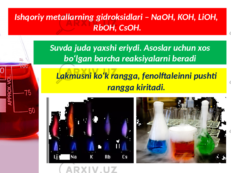 Ishqoriy metallarning gidroksidlari – NaOH, KOH, LiOH, RbOH, CsOH. Suvda juda yaxshi eriydi. Asoslar uchun xos bo‘lgan barcha reaksiyalarni beradi Lakmusni ko‘k rangga, fenolftaleinni pushti rangga kiritadi. 