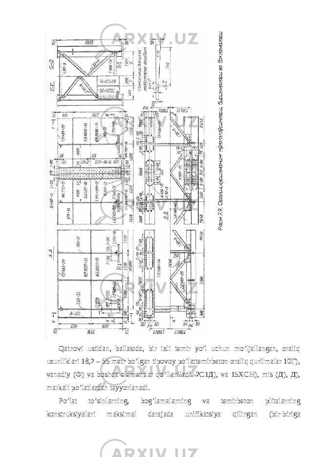 Qatnovi ustidan, ballastda, bir izli temir yo’l uchun mo’ljallangan, oraliq uzunliklari 18,2 – 55 metr bo’lgan tipovoy po’lattemirbeton oraliq qurilmalar 10Г), vanadiy (Ф) va boshqa elementlar qo’llaniladi. 2С1Д), va 15 X СН), mis (Д), Д), markali po ’ latlardan tayyorlanadi . Po ’ lat to ’ sinlarning , bog ’ lamalarning va temirbeton plitalarning konstruksiyalari maksimal darajada unifikatsiya qilingan ( bir - birigaРасм 2.9. Оралиқ қурилманинг пўлат тўсинлари, бирикмалари ва боғламалари 