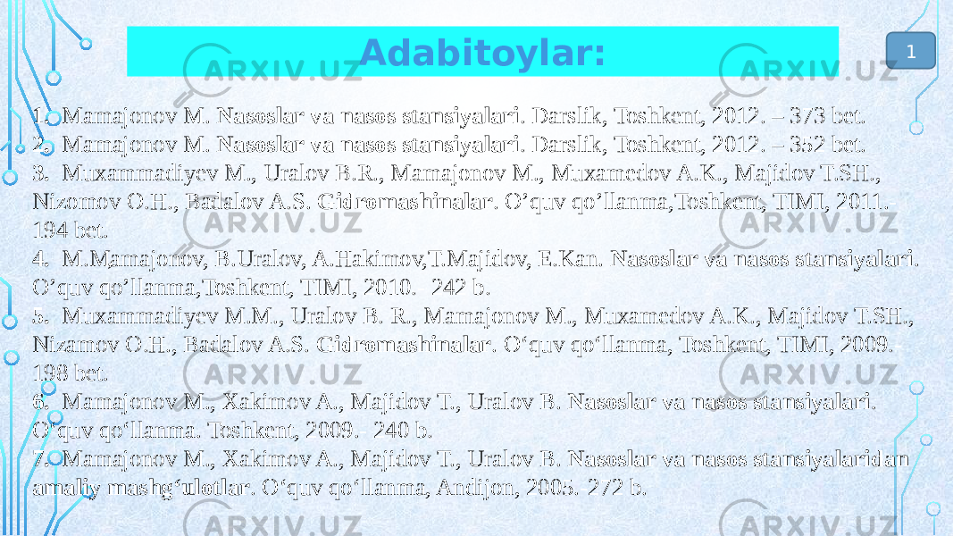 ’ Adabitoylar: 1. Mamajonov M. Nasoslar va nasos stansiyalari . Darslik, Toshkent, 2012. – 373 bet. 2. Mamajonov M. Nasoslar va nasos stansiyalari . Darslik, Toshkent, 2012. – 352 bet. 3. Muxammadiyev M., Uralov B.R., Mamajonov M., Muxamedov A.K., Majidov T.SH., Nizomov O.H., Badalov A.S. Gidromashinalar . O’quv qo’llanma,Toshkent, TIMI, 2011.- 194 bet. 4. M.Mamajonov, B.Uralov, A.Hakimov,T.Majidov, E.Kan. Nasoslar va nasos stansiyalari . O’quv qo’llanma,Toshkent, TIMI, 2010.- 242 b. 5. Muxammadiyev M.M., Uralov B. R., Mamajonov M., Muxamedov A.K., Majidov T.SH., Nizamov O.H., Badalov A.S. Gidromashinalar . O‘quv qo‘llanma, Toshkent, TIMI, 2009.- 198 bet. 6. Mamajonov M., Xakimov A., Majidov T., Uralov B. Nasoslar va nasos stansiyalari . O‘quv qo‘llanma. Toshkent, 2009.- 240 b. 7. Mamajonov M., Xakimov A., Majidov T., Uralov B. Nasoslar va nasos stansiyalaridan amaliy mashg‘ulotlar . O‘quv qo‘llanma, Andijon, 2005.-272 b. 1 