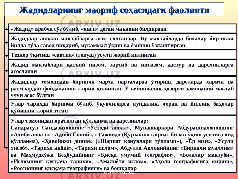 Жадидлар аввало мактабларга асос солганлар. Бу мактабларда болалар бир-икки йилда тўла савод чиқариб, мукаммал ўқиш ва ёзишни ўзлаштирган Тезкор ўқитиш «савтия» (товуш) усули жорий қилинган Жадид мактаблари қатъий низом, тартиб ва интизом, дастур ва дарсликларга асосланди Улар тарихда биринчи бўлиб, ўқувчиларга кундалик, чорак ва йиллик баҳолар қўйишни жорий этган Улар томонидан яратилган қўлланма ва дарсликлар: Саидрасул Саидазизовнинг «Устоди аввал», Мунавварқори Абдурашидхоновнинг «Адиби аввал», «Адиби Соний», «Тажвид» (Қуръонни қироат билан ўқиш усулига оид қўлланма), «Ҳавойижи диния» («Шариат қонунлари тўплами»), «Ёр юзи», «Усули ҳисоб», «Тарихи анбиё», «Тарихи ислом», Абдулла Авлонийнинг «Биринчи муаллим» ва Маҳмудхўжа Беҳбудийнинг «Қисқа умумий география», «Болалар мактуби», «Исломнинг қисқача тарихи», «Амалиёти ислом», «Аҳоли географисига кириш», «Россиянинг қисқача географияси» ва бошқалар«Жадид» арабча сўз бўлиб, «янги» деган маънони билдиради Жадидлар томонидан биринчи марта парталарда ўтириш, дарсларда харита ва расмлардан фойдаланиш жорий қилинган. У кейинчалик ҳозирги замонавий мактаб учун асос бўлган Жадидларнинг маориф соЖадидларнинг маориф со ҳ асидаги фаолиятиасидаги фаолияти WWW.ARXIV.UZ 