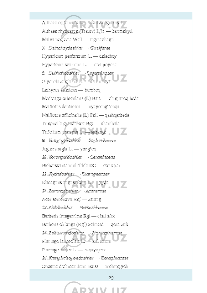 Althaea officinalis L. — dorivor gulxayri Althaea rhyticarpa (Trautv) Iljin — baxmalgul Malva negl ta Wall — tugmachagul 7. Dalachoydoshlar — Guttiferae Hypericum perforatum L. — dalachoy Hypericum scabrum L. — qizilpoycha 8. Dukkakdoshlar — Leguminosae Glycirrhiza glabra L. — shirinmiya Lathyrus asiaticus — burchoq Medicago orbicularis (L) Bart. — chig‘anoq beda Melilotus dentaetus — tuyayo‘ng‘ichqa Melilotus officinalis (L) Pall — qashqarbeda Trigonella grandiflora Bge — shambala Trifolium pratense L. — sebarga 9. Yong‘oqdoshlar — Juglandaceae Juglans regia L. — yong‘oq 10. Yoronguldoshlar — Geraniaceae Biebersteinia multifilda DC — qontepar 11. Jiydadoshlar — Elaeagnaceae Elaeagnus angustifolia L. — jiyda 12. Zarangdoshlar — Aceraceae Acer semenovii Rgl — zarang 13. Zirkdoshlar — Berberidaceae Berberis integerrima Rgl — qizil zirk Berberis oblonga (Rgl) Schneid — qora zirk 14. Zubturumdoshlar — Plantaginaceae Plantago lanceolata L. — zubturum Plantago major L. — baqayaproq 15. Kampirchopondoshlar — Boraginaceae Onosma dichroanthum Boiss — mehrigiyoh 29 