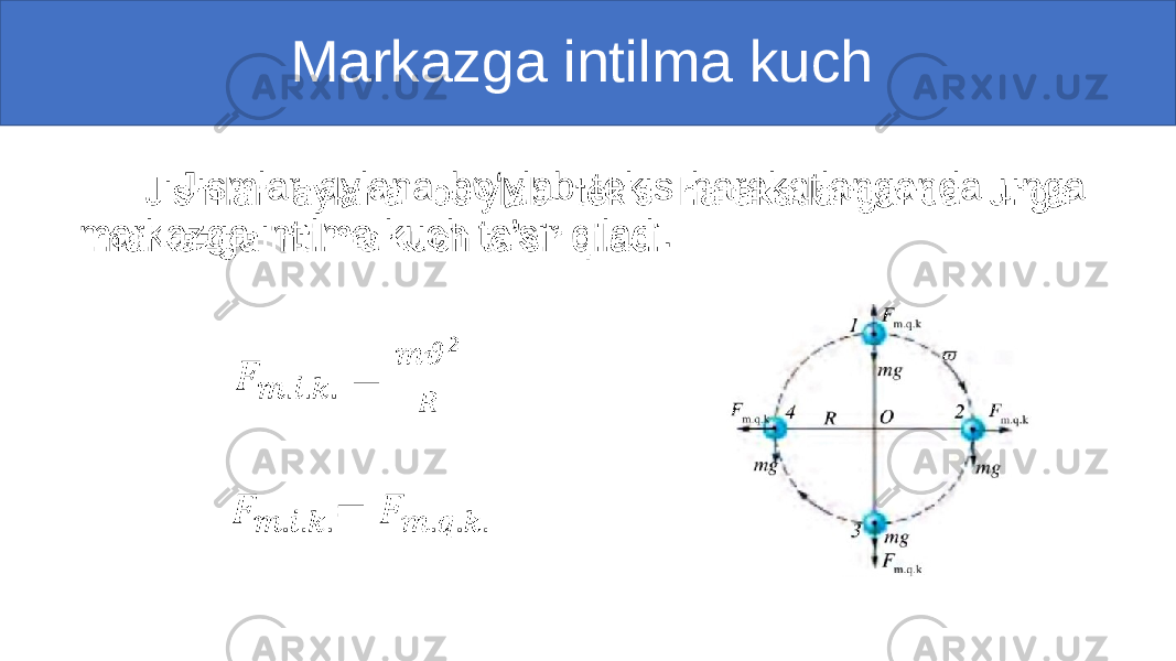  Markazga intilma kuch Jismlar aylana bo‘ylab tekis harakatlanganda unga markazga intilma kuch ta’sir qiladi. • 