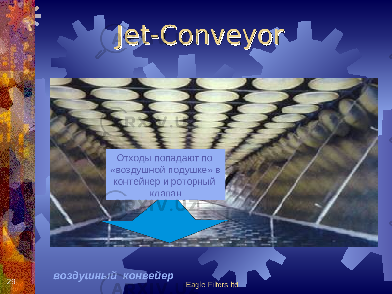 Eagle Filters ltd29 воздушный конвейер Jet-ConveyorJet-Conveyor Отходы попадают по «воздушной подушке» в контейнер и роторный клапан 