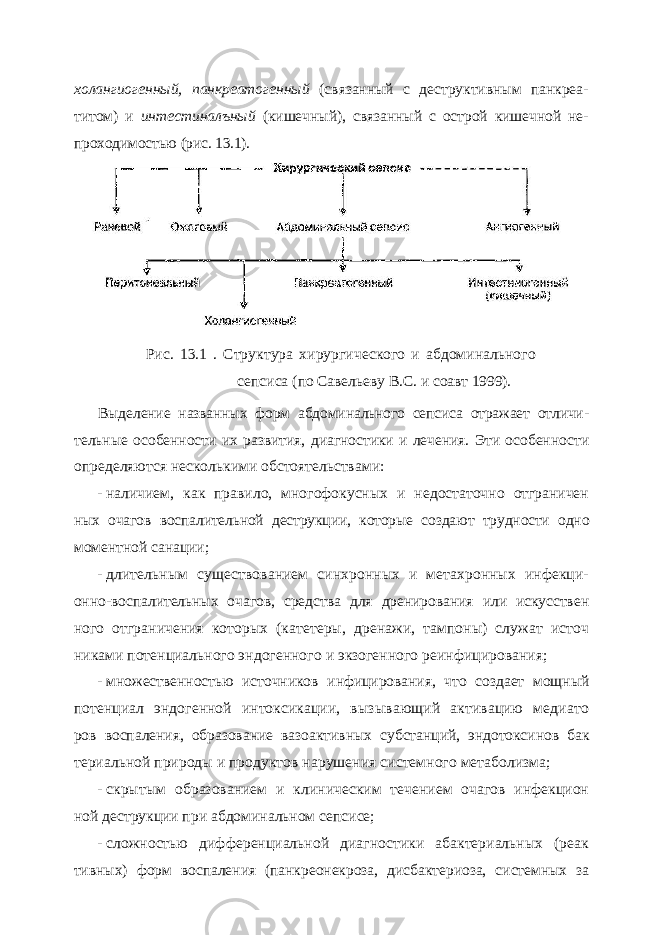 холангиогенный, панкреатогенный (связанный с деструктивным панкреа - титом) и интестиналъный (кишечный), связанный с острой кишечной не - проходимостью (рис. 13.1). Рис. 13.1 . Структура хирургического и абдоминального сепсиса (по Савельеву B . C . и соавт 1999). Выделение названных форм абдоминального сепсиса отражает отличи - тельные особенности их развития, диагностики и лечения. Эти особеннос ти определяются несколькими обстоятельствами: - наличием, как правило, многофокусных и недостаточно отграничен ных очагов воспалительной деструкции, которые создают трудности одно моментной санации; - длительным существованием синхронных и метахронных инфекци- онно-воспалительных очагов, средства для дренирования или искусствен ного отграничения которых (катетеры, дренажи, тампоны) служат источ никами потенциального эндогенного и экзогенного реинфицирования; - множественностью источников инфицирования, что создает мощный потенциал эндогенной интоксикации, вызывающий активацию медиато ров воспаления, образование вазоактивных субстанций, эндотоксинов бак териальной природы и продуктов нарушения системного метаболизма; - скрытым образованием и клиническим течением очагов инфекцион ной деструкции при абдоминальном сепсисе; - сложностью дифференциальной диагностики абактериальных (реак тивных) форм воспаления (панкреонекроза, дисбактериоза, системных за 