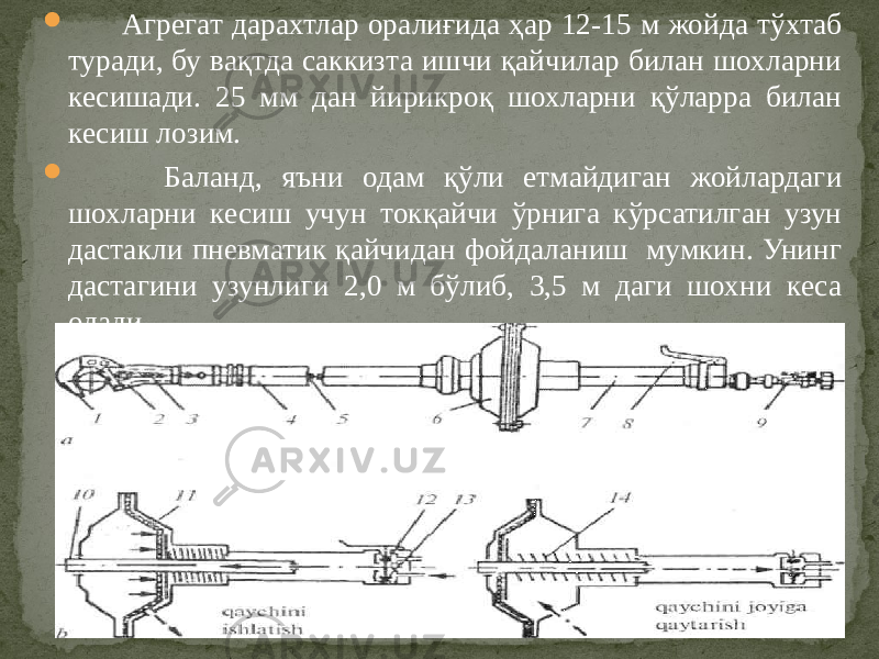  Агрегат дарахтлар оралиғида ҳар 12-15 м жойда тўхтаб туради, бу вақтда саккизта ишчи қайчилар билан шохларни кесишади. 25 мм дан йирикроқ шохларни қўларра билан кесиш лозим.  Баланд, яъни одам қўли етмайдиган жойлардаги шохларни ке сиш учун токқайчи ўрнига кўрсатилган узун дастакли пневматик қайчидан фойдаланиш мумкин. Унинг дастагини узунлиги 2,0 м бўлиб, 3,5 м даги шохни кеса олади . 