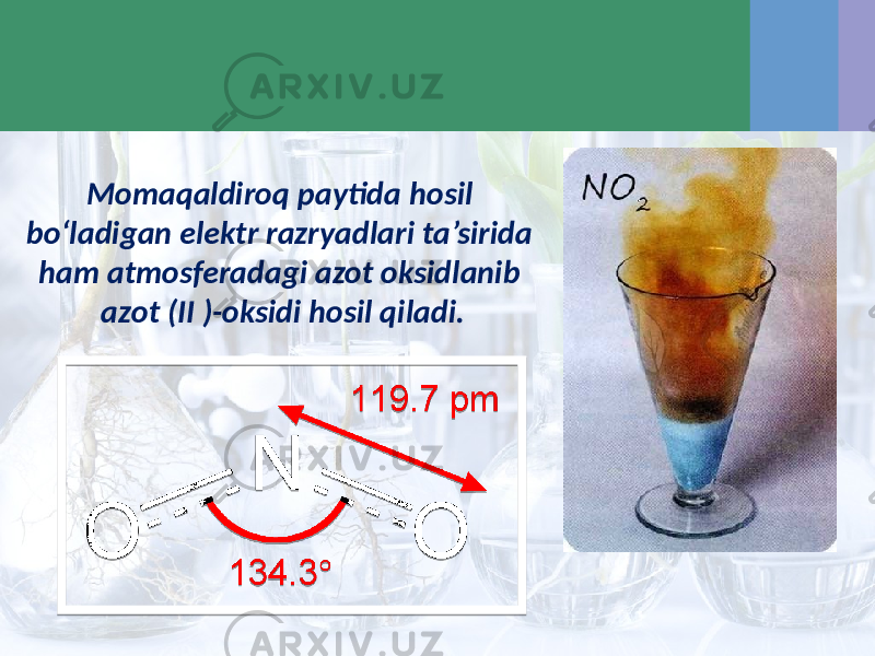 Momaqaldiroq paytida hosil bo‘ladigan elektr razryadlari ta’sirida ham atmosferadagi azot oksidlanib azot (II )-oksidi hosil qiladi. 