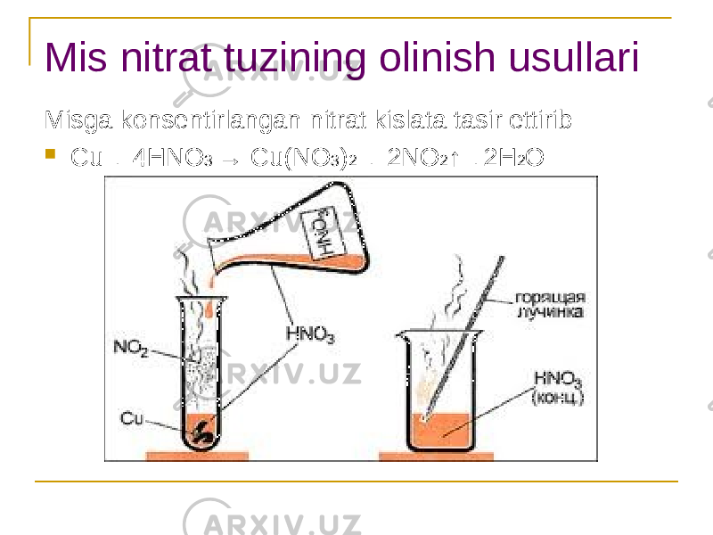 Mis nitrat tuzining olinish usullari Misga konsentirlangan nitrat kislata tasir ettirib  Cu + 4HNO 3 → Cu(NO 3 ) 2 + 2NO 2 ↑ +2H 2 O 