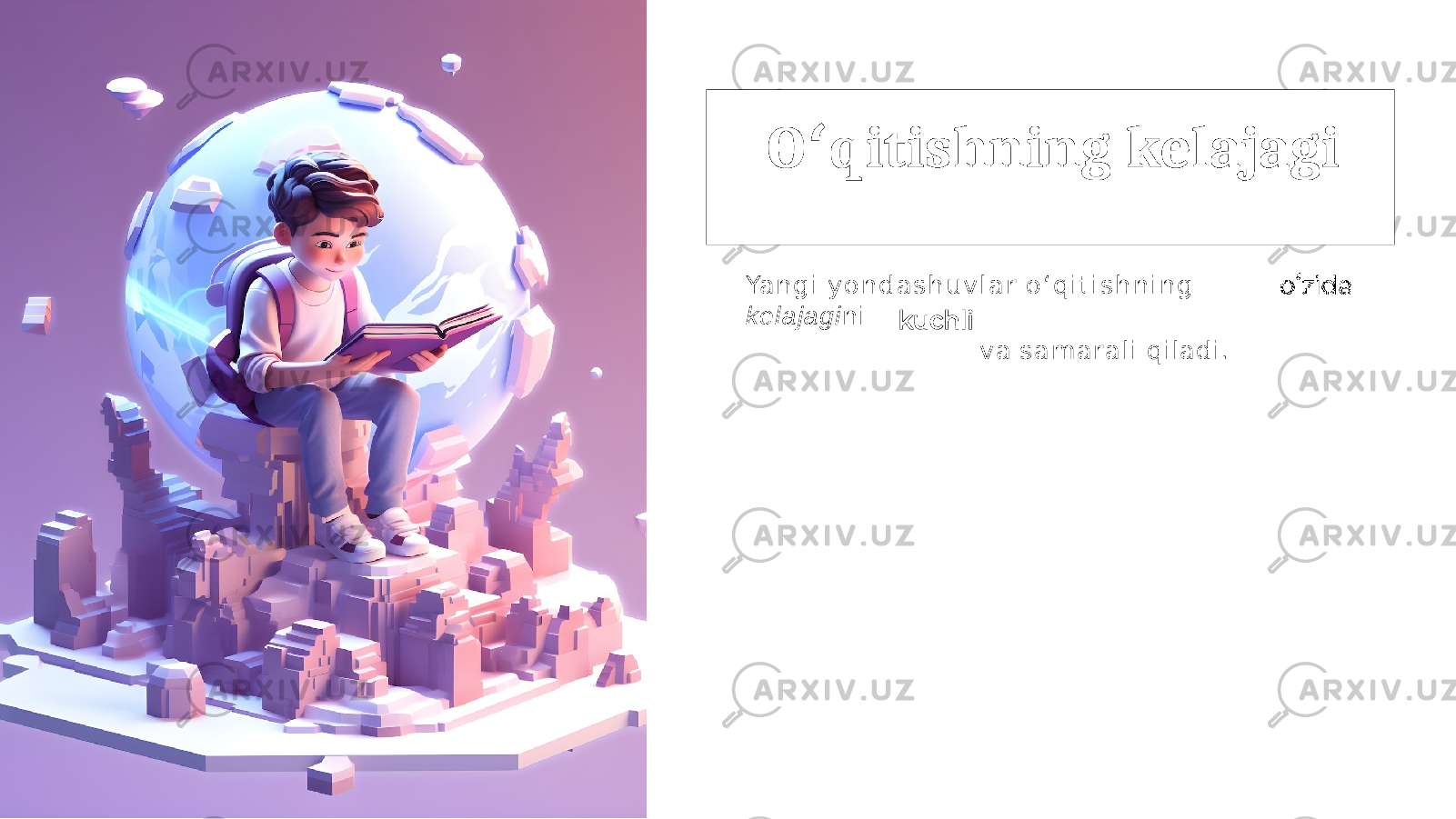 O qitishningʻ kelajagi Ya n g i y o n d a s h u v l a r o ʻ q i t i s h n i n g kelajagi ni va s a m a r a l i qiladi. 