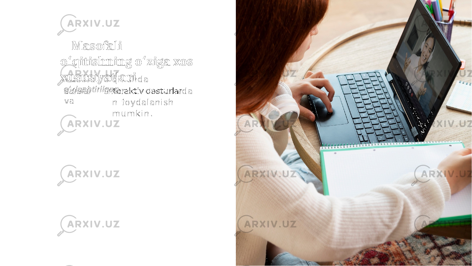 Masofali o qitishning ʻ o ziga ʻ xos xususiyatlari M a s o f a l i o ʻ q i t i s h d a oʻzlashtirilgan darslar va d a n f o y d a l a n i s h m u m k i n . 